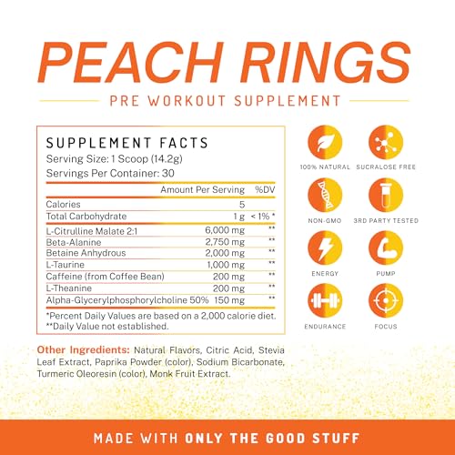 Image of Pre-Workout Powder, All Natural Pre Workout for Energy, Pump, Endurance & Strength, with Caffeine (Peach Gummi)