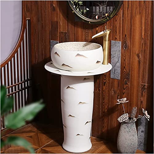 Photo de Msuiiixcccc Pedestal Sink Handmade Ceramic Basin Pedestal Basin Kaolin Clay Pedestal Sink Round Freestanding Sink (G with Mirror)