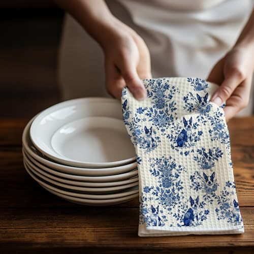 Image of Chinoiserie Boston Terrier Dog Kitchen Towels, Boston Terrier Gifts for Women Men Dish Tea Towels for Kitchen, Grandmillennial Toile de Jouy Dog Hand Towels for Bathroom, 16x24 Inch