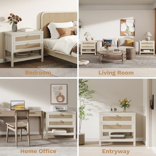 Image of Eclatara Large Rattan Night Stand Set of 2: Boho Nightstand with Drawers and Storage Shelf, White Bedside Table End Table Side Table for Bedroom(Cream White Oak,2 Pieces)