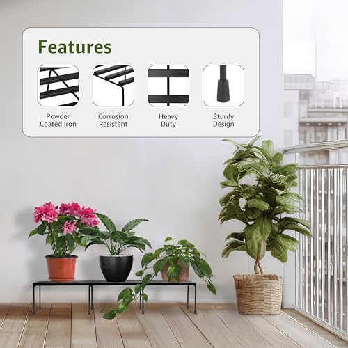Image of Amazon Brand - Solimo Folding Metal Plant Stand (Pack of 2, Black) - Heavy-Duty, 50 kg /Shelf Load Capacity, 21 x 60 x 12 cm, Indoor & Outdoor Use