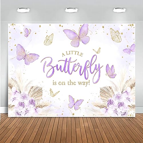 Mocsicka Butterfly Baby Shower Backdrop for Girls Boho A Little Butterfly is on The Way Purple Butterfly Decorations Floral Butterfly Banner for Baby Shower Photo Booth (7x5ft, Purple)