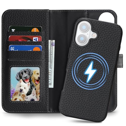 Image of Detachable Genuine Leather Case for iPhone 17 Wallet Case Magnetic 2in1 Removable Flip Cover Book Purse Compatible with Magsafe Charging Kickstand Card Holder-Black