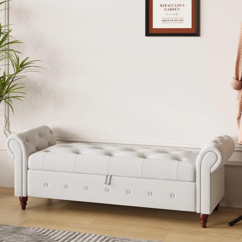 Image of LEGACY OF COMFORT F4 Velvet Upholstered Storage Bench Ottoman 2 Seater Sofa Chaise Lounger or Living Room Bedroom Office (Beige Velvet)