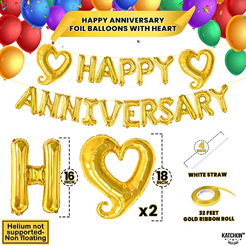 Image of Big Gold Happy Anniversary Balloons Letters - 18 Inch | Happy Anniversary Decorations Banner | Gold Heart Balloons Banner Backdrop, Gold Balloon for Party Decorations, KatchOn