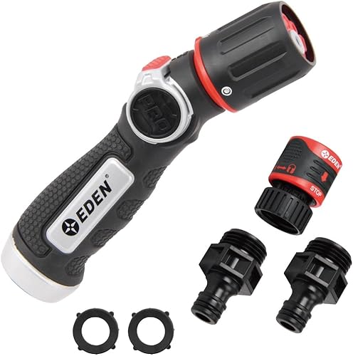 Miniatura 24 de Eden 94824 Boquilla rociadora de manguera de jardín con control de pulgar de metal resistente, 6 patrones, rociador de alta presión con conector