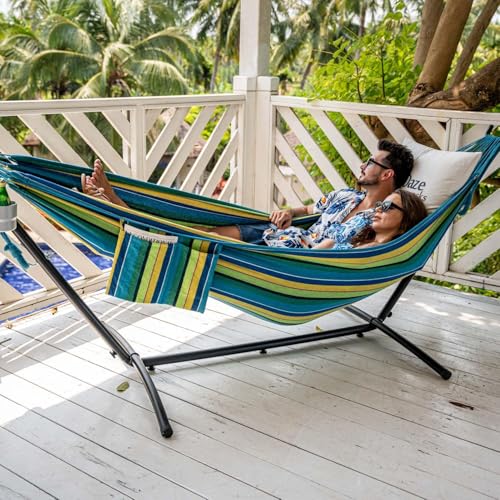 Lazy Daze Hammocks Double Hammock with 9FT Space Saving Steel Stand Includes Portable Carrying Case, 450 Pounds Capacity (Blue&Yellow) - Thumbnail 4