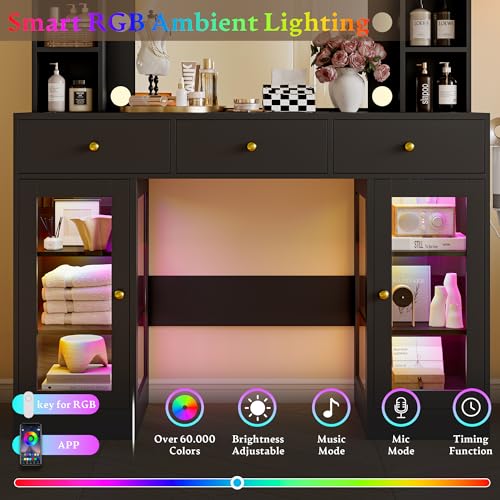Image of Wodeer Makeup Vanity Desk with Mirror and Lights, Black Vanity with Glass Top, LED Lights & Power Outlet, 3 Drawers & 2 RGB Glass Cabinets, Adjustable Lighted Dressing Table for Women & Girls Bedroom