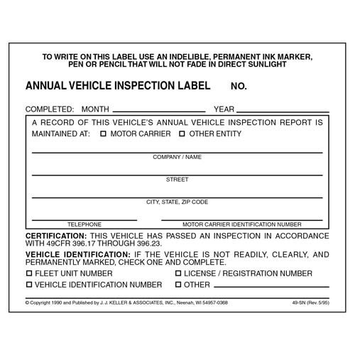 30-Pack, Annual Vehicle Inspection Label, 2-Ply Adhesive Vinyl, Prenumbered, DOT Compliant, J. J. Keller & Associates, Inc.
