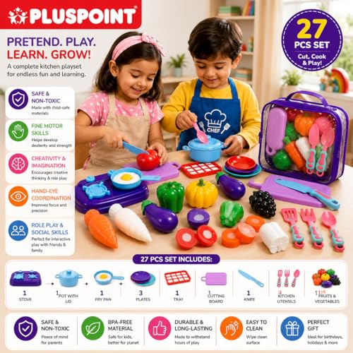 Image of PLUSPOINT Kitchen Set with Vegetables & Storage Bag | Sliceable Food Cutting Toy Set for Kids | Pretend Play Kitchen Food Accessories for Boys & Girls | Lunch Time Role Play Learning Toy