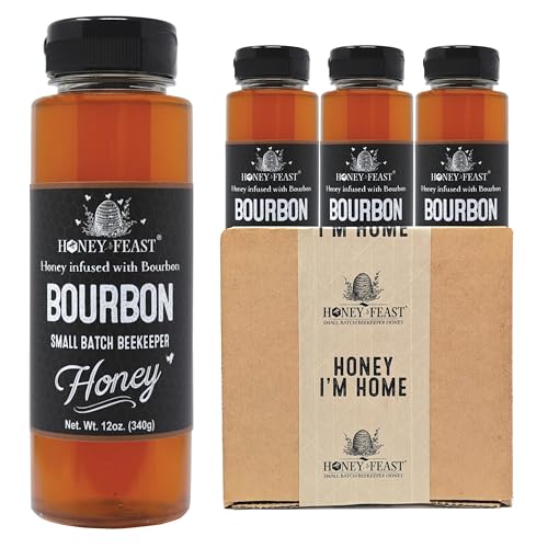 HONEY FEAST Bourbon Honey 12oz (Pack of 3) | Artisanal Small Batch Raw Honey