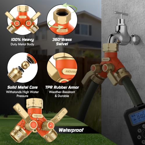Image of Hose Splitter 2 Way Heavy Duty, Garden Hose Splitter- Full Metal Body Y Type with Dual Shut Off Valves, 3 /4 inch Standard Threads, Leak-Proof Dual Outlet Splitter for Sprinklers and Irrigation Systems