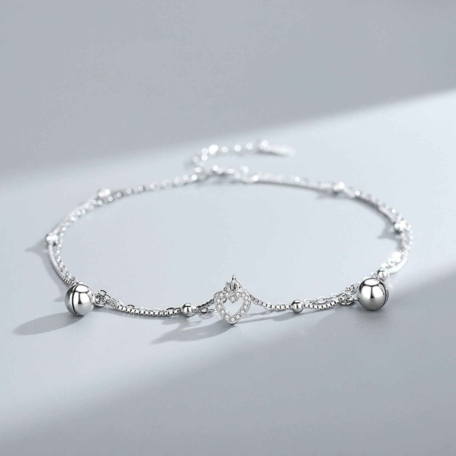 Damen Fußkettchen Weißgold 375/585/750, Fußkette Verstellbar 20+5 cm, Fußschmuck Hochzeit Doppelkette mit Herz und Perlen