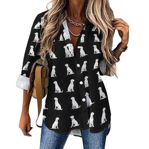 Süßer Labrador-Hunde-Druck Button-Down-Shirts für Damen, langärmelig, Button-Up-Shirt, Bluse, Tops, lässig, Mehrfarbig, M