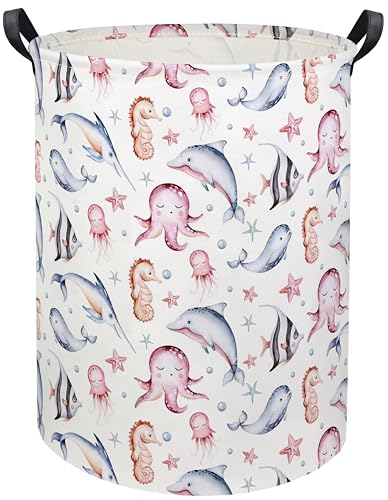Image of HIYAGON Baby Laundry Basket Baby Hamper for Nursery Girl Kids Ocean Hamper Cute Kids Toys Storage Bin Organizer Pink Room Decor for Home(Pink Ocean)