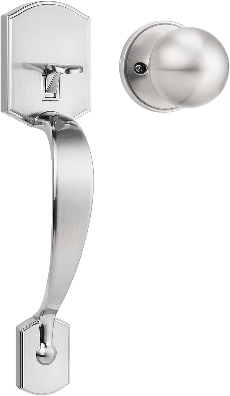 Camelot Trim Lower Half Entry Handleset Satin Nickel, Upgated Entry Door Handle with Door Knob for Electronic Keypad, Sliver Exterior Door Handle Lock Set