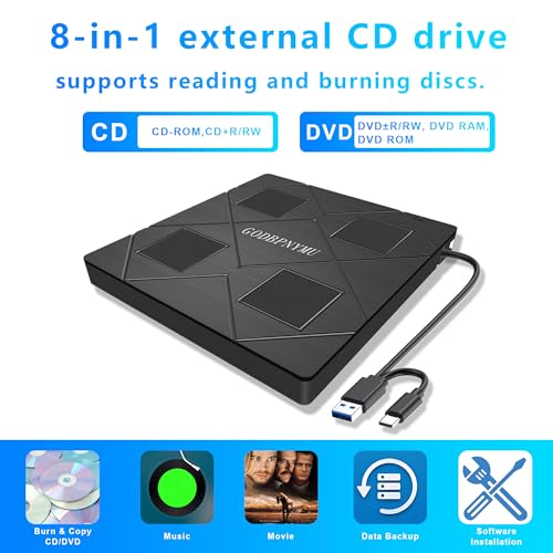 Image of External CD Drive: an 8-in-1 DVD Player for Laptop Featuring USB*2 /C*2,TF /SD Card Reader.CD /DVD + /-RW Burner,Compatible with Windows 11 /10 / 8 /7 /XP,Linux,Mac os. Comes with 1+4 Storage Bag