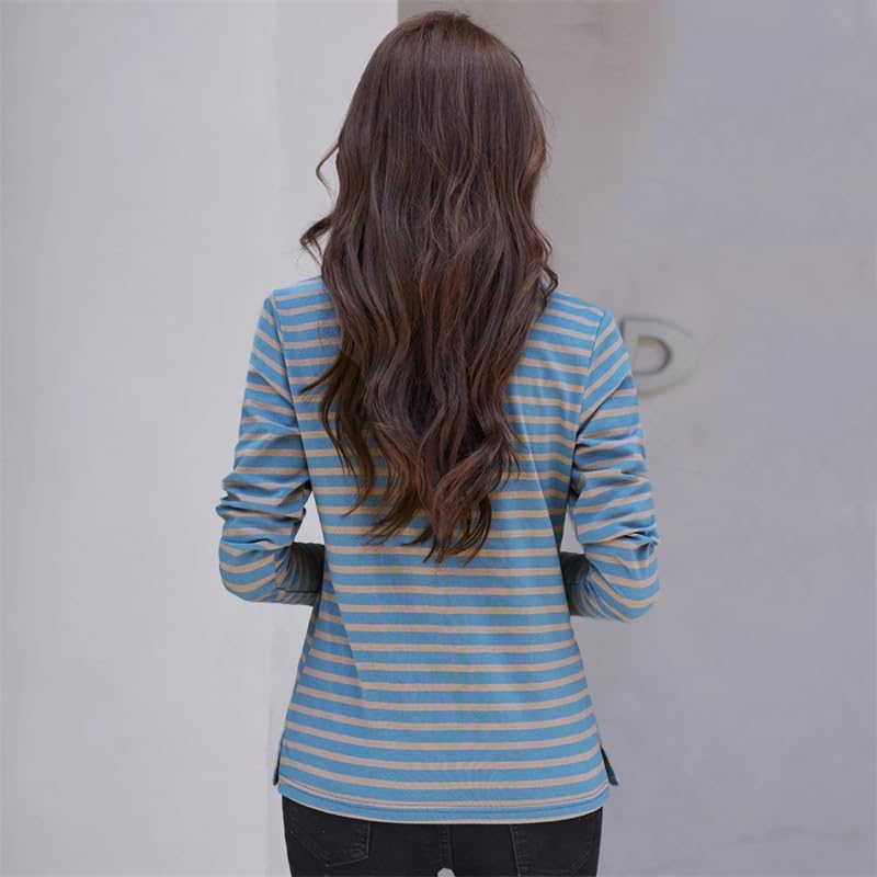REHJJDFD Femmes Manches Longues Rayé Coton Polo Stretch Slim Tricoté Taille Shirt Top