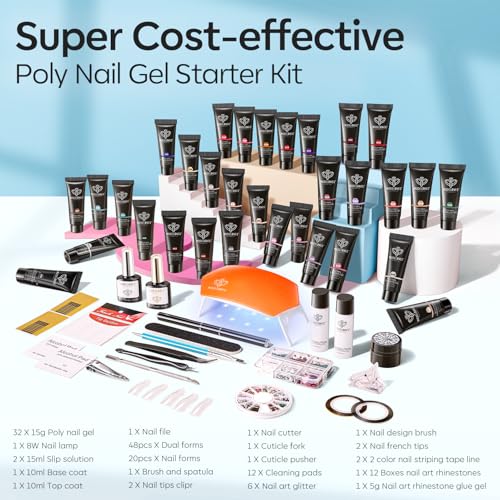 Image of Modelones 133pcs Poly Nail Gel Kit, 32 Colors Spring Pink Pastel Poly Extension Gel kit with Nail Lamp Base Top Coat Slip Solution Builder Enhancement Manicure Tools for Starter Supplies