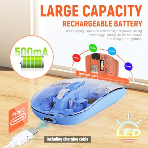 Image of Verilux Transparent Wireless Mouse Rechargeable, 2.4G & 5.1 Bluetooth Mouse for Laptop [Battery Level Visible], 1600DPI Ergonomic Silent for Laptop Wireless, Mac PC iPad Windows iOS, Blue