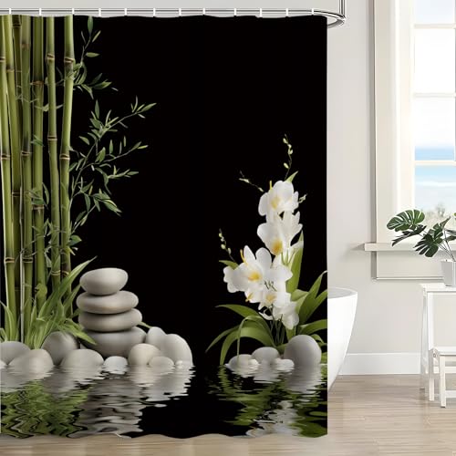 Bamboo Shower Curtain Green Stone Meditation Garden White Lotus Flower Lily Floral Green Leaves Relax Nature Fabric Bath Curtain with Hook by Generic - Used condition - Image 2