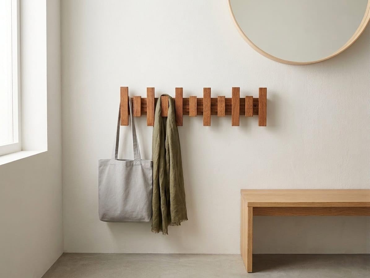 Decorative Wooden Wall Mounted Hook Rail | Foldable Coat Rack with Multiple Hooks for Home Organization | Ideal for Handbags, Backpacks, Towels, Clothes & Keys-image-45