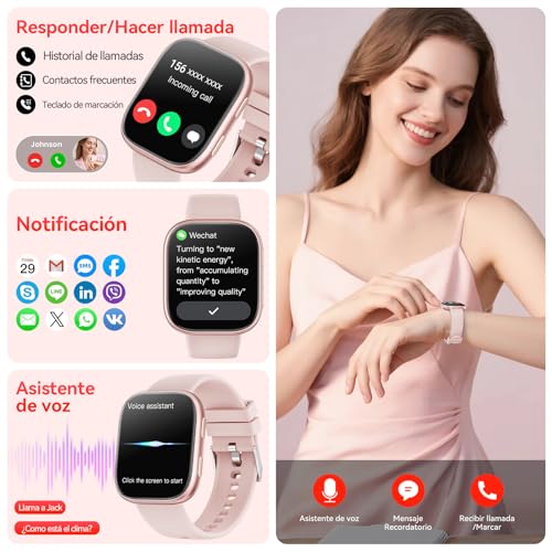 Mingtawn Reloj Inteligente Mujer Rosa, llamadas y mensajes, 100+ modos deportivos, detección de sueño, impermeable IP68 