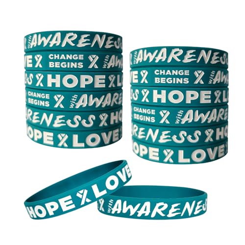 TSYMINQC 50pcs Teal Awareness Silicone Bracelets Cervical Ovarian Cancer Awareness Wristbands Teal Ribbon Bracelets