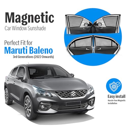 Image of Autofact Magnetic Car Sunshades Compatible with Maruti Baleno New (2022 to 2024) (Set of 4) - Easy Installation, UV Protection (Front 2 Half-Cut for Side Mirror Visibility, Rear 2 with Zippers)
