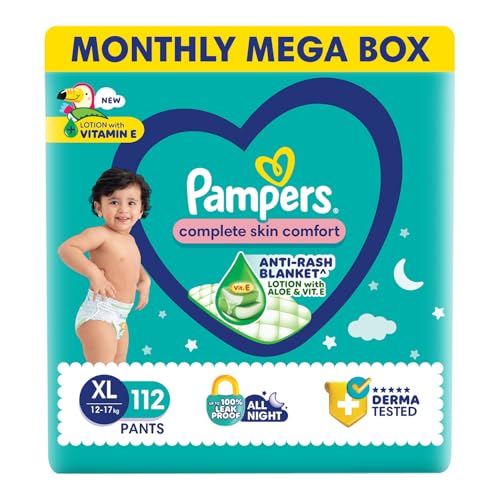 Image of Pampers Complete Skin Comfort Pants, (XL) 112 Count, Anti-rash blanket, Lotion with Vitamin E & Aloe Vera, Extra Large size baby diapers, 12-17kg