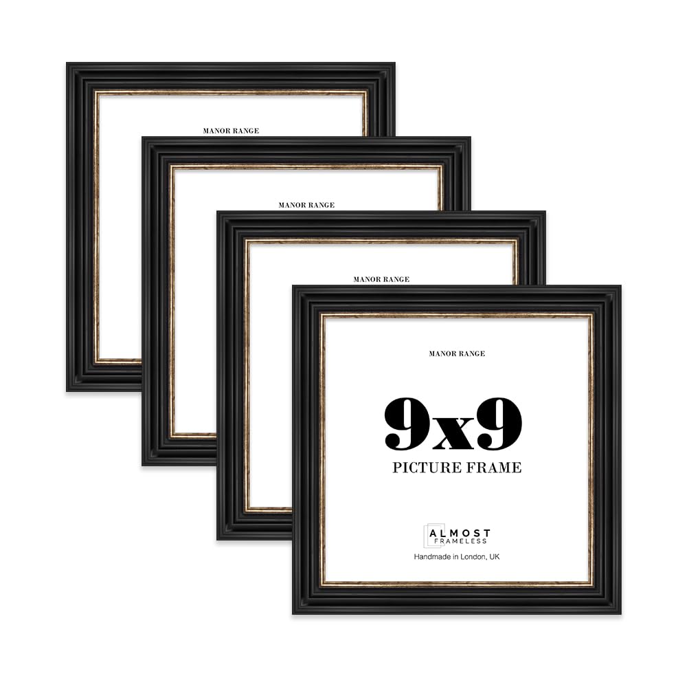 9x9 Picture Frame, Display 9x9 Pictures (22.9 x 22.9cm) - Black & Gold Refined 42mm Edge Antique-Inspired Home Accessories - 4 Pack