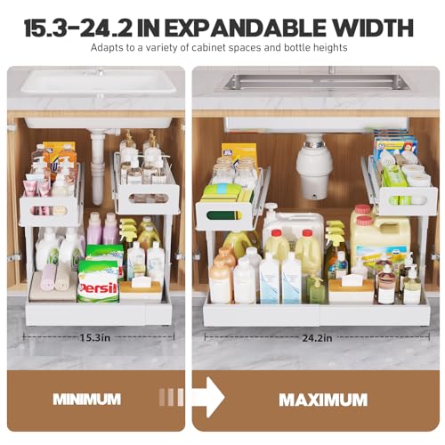 Image of 1 Pack Expandable Under Sink Organizers Storage With Upgrade Ball-Bearing Slide Tracks,2-Tier Pull Out Under Cabinet Organizer Height Adjustable,Not Suitable For Cabinets With Partitions In The Middle