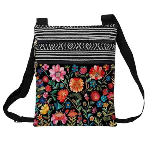 Colorful Flower Messenger Bag Small Ethnic Pattern Printed Adjustable Strap Crossbody Zipper Bag Colorful Flower Phone Bag Wallet Cute Shoulder Handbag for Women Friends -2