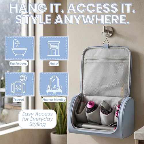 Image of OCEANEVO Travel Pouch for Airwrap Styler WITH Makeup Sponge, Storage Organiser Bag for Airwrap Attachments with Hanging Hook (Bag Only) - 31 x 14 x 16 Cm - Sky Blue - 1 Year Warranty