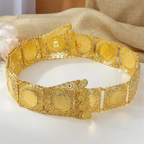 Bride Gold Plated Belt Square Coin Design Hollow Out Pattern Carved Wedding Dress Waist Chain Jewelry2