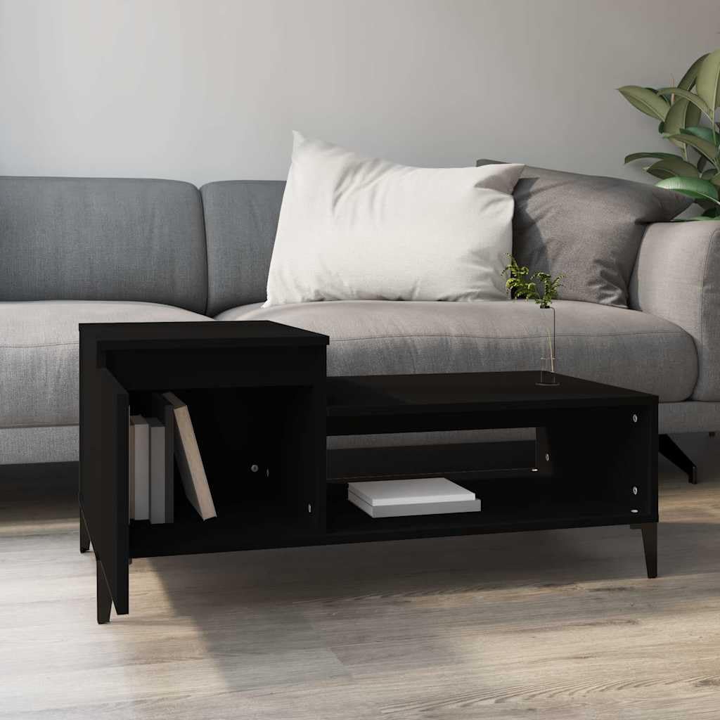 Mesa de centro negra 100 x 50 x 45 cm de madera con espacio de almacenamiento y estante para salón, sofá