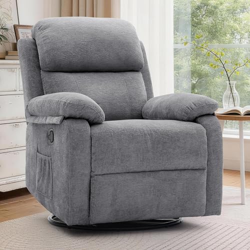 Image of Korser Recliner Chair, 360 Swivel Rocker Chair for Adults, Small Rocking Recliner Chair for Small Spaces, Upholstered Chenille Fabric Glider Recliner Nursery Chair with Side Pockets for Living Room