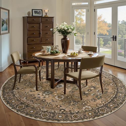 Image of Tangsoo Washable Round Area Rugs 5ft, Vintage Non Slip Circle Rug Brown