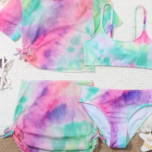 Girls 4 Piece Tie-Dye Tankini Sets Swimwear Bikini & Sun 𝐏rotection Cover Up Crop Top & Ruffle Skirt Swimsuit3