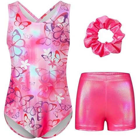 Idgreatim Gymnastics Leotards for Girls 7T 8T Sparkly Butterflies Unitards Biketards Hollow Back Tumbling Shorts Outfits with Hair Scrunchie Cover