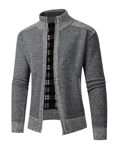 NANAMEEI Strickjacke Herren Reißverschluss Stehkragen Winterjacke Cardigan Warm Gestrickte Langarmjacke Dunkelgrau M
