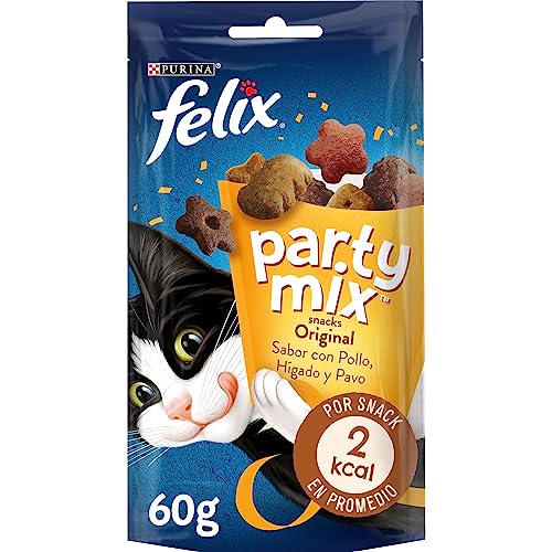 Felix Purina Party Mix Original, Snack, Premio para Gato con Pollo, Higado y Pavo, Bolsa de 60g