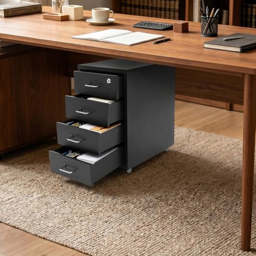 Image of 4 Drawer File Cabinet with Lock Steel Mobile Filing Cabinet for Office Home