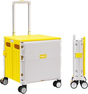 Folding Hand Truck 80kg, Foldable Utility Cart, Portable Rolling Crate Handcart for Shopping, Travel, Moving Luggage and Office, Sliding Lid, 65L(Color:Yellow)