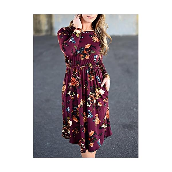 ZESICA-Womens-Long-Sleeve-Floral-Pockets-Casual-Swing-Pleated-T-Shirt-Dress ZESICA Women's Long Sleeve Floral Pockets Casual Swing Pleated T-shirt Dress,Small,Burgundy Burgundy Small