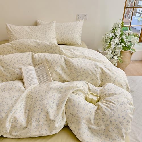 HighBuy Muslin Duvet Cover Set Twin XL Size,Vintage Blue Floral Print 100% Cotton Gauze Quilt Cover Yarn-Dyed Bedding Set 3 Pieces for Kids Girls Boys,Soft & Breathable Gauze Comforter Cover