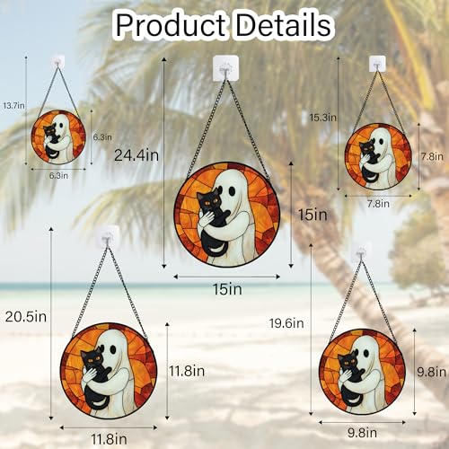 Image of Stained Glass Window Hanging - Halloween Decorations White Ghost Black Cat Suncatcher for Doors Garden Spooky Funny Orange Sun Catchers Gothic Decor Horror Gifts for Women Men Friend 9.8 in
