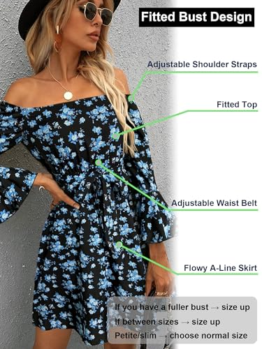 Image of Off Shoulder Ruffle Dress for Women, A-Line Mini Dress with Belt, Fitted Bust Summer Wedding Guest Dress
