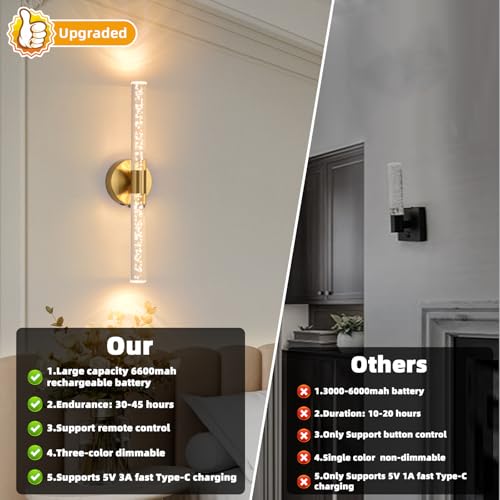 Image of Battery Operated Wall Sconces Set of Two, Gold 20'' Rechargeable Crystal Bubble Wall Sconce with Remote Control, 3000K-6000K Dimmable LED Wireless Wall Lights for Living Room Bedroom Bathroom Hallway