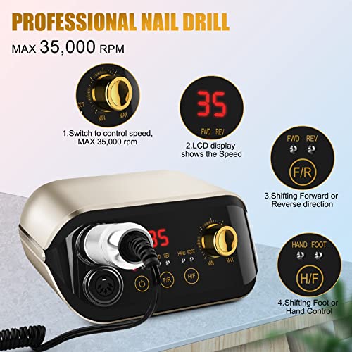 Professional Nail Drill Machine 35000 Rpm With Foot Pedal And Forward/Reverse Rotation,Juemel Electric Nail File For Gel Nails,Acrylic,Manicure Pedicure Polishing Remover Tool Kit #TOP5